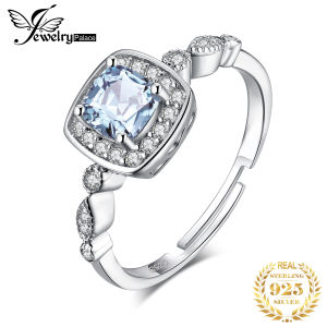 JewelryPalace Genuine Blue Topaz 925 Sterling Silver Ring Open Adjustable Promise Halo Engagement Ring for Women Jewelry