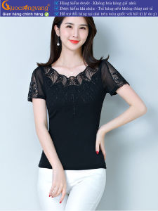 Áo thun nữ thêu ren áo kiểu đính đá ngắn tay màu đen GLA175 Cuocsongvang