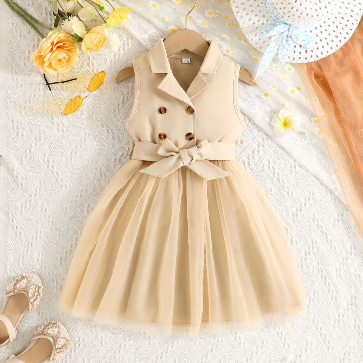 [Manila Stock Fast Delivery] Baby Kids Girls Christening Dress Months to  Years Sleeveless Button Up Collar Tulle Beige Dress with Detachable Bow 