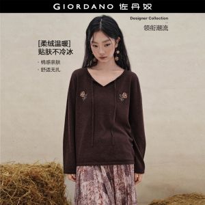 GIORDANO Women Sweaters Floral Jacquard Retro Chic Sweaters Tie V-Neck Fashionable Casual Loose Sweaters 18356315