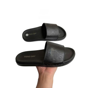 Dép Quai Ngang Nam In Logo - Da Bò Cao Cấp - Đế 2Cm Cao Su Thời Trang Sang Trọng. Tengday Vietnam Màu Đen/Black