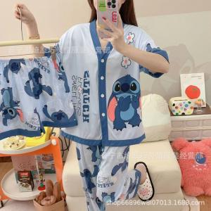 3Pcs Disney Stitch Spring Summer New Pajamas Female Cute Cartoon T-Shirt Pants Loose Imitation Cotton Sweet Outside Loungewear