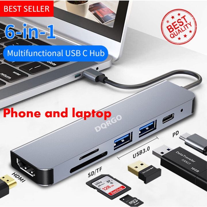 USB C Hub Converter 6 in 1 Adapter Docking Station Type C to USB 3.0/HDMI/TF SD Card Reader/PD