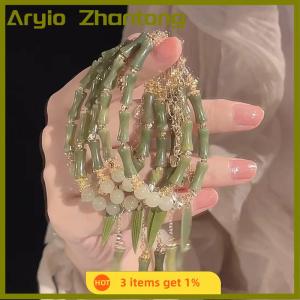 Aryio Trung Quốc Phong Cách Retro Màu Xanh Lá Cây Tre Doanh Đính Cườm Vòng Đeo Tay Cho Phụ Nữ Của Thời Trang Đơn Giản Quyến Rũ Hợp Kim Lá Vòng Đeo Tay Đồ Trang Sức Quà Tặng
