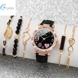 [COD] GUAN นาฬิกาผู้หญิง6ชิ้น เซ็ตแบบลำลองลายดอกไม้ควอตซ์นาฬิกาข้อมือหนัง PU สร้อยข้อมือชุดรวมเครื่องประดับของขวัญสำหรับผู้หญิง