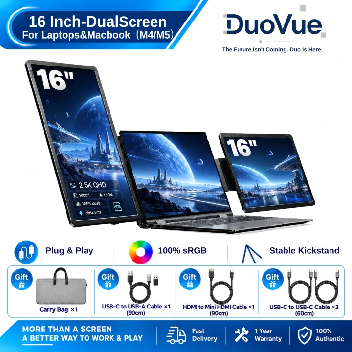 DuoVue Rotatable&Detachable Dual Screen Extender 15.6"/16" 1080P/2.5K IPS Triple Monitor for 14-16" Laptops with USB-C Port, Plug and Play ,for