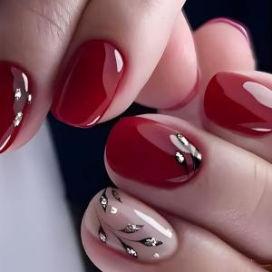 24 Pcs Short Oval Press On Nail Glittering Acrylic False Nail Glossy Artificial Nail Leaf Stick on Nail for Party