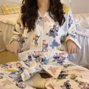 2Pcs Stitch Womens Long-Sleeved Set Pajamas Kawaii Spring Y2K Cartoon Lapel Thin Girls Cute Fashion Casual Comfort Home Clothes
