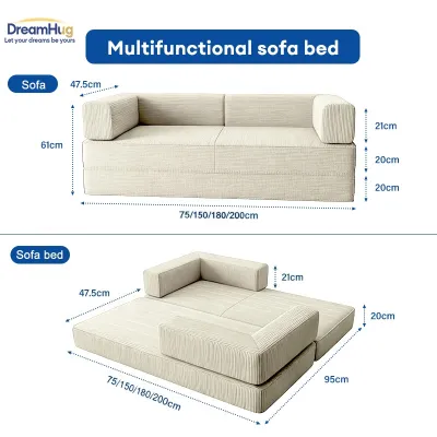 DreamHug 4‑in‑1 Futon Sofa Bed– Floor Foldable Convertible Sofa Couch with L‑Shaped Armrests Removable Cover Green Convertible Guest Bed Space‑Saving Fold‑Out Mattress Lounge for Living Room