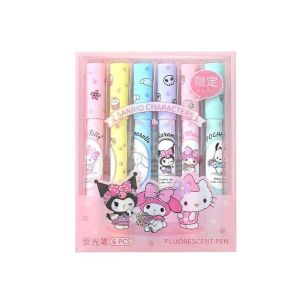 6PCS Set Sanrio Highlighter Fluorescent Pen My Melody Kuromi Hello Kitty Pompompurin Students Kids Stationery Gift Six Color