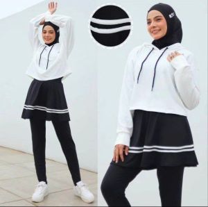 Rok Legging Sport Wanita Motif Garis Leher Crew Pinggang Tinggi Plus Size
