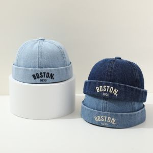 HEALMEYOU Washed Denim Baby Brimless Hat Adjustable Letter Embroidered Children Melon Beanie Gift Drawstring Closure Landlord Cap Summer