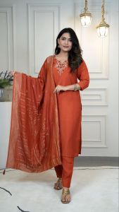 [PRE ORDER : 10 DAYS]  Size M to 2XL KURTI WITH PANT:- ROMAN SILK WITH HEAVY EMBROIDERED WORK sets_380_Rust