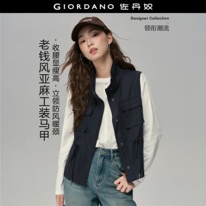 GIORDANO Women Vests Cargo Pockets Stand Collar Windproof Vests Drawstring Waist Fashionable Casual Vests 18376610