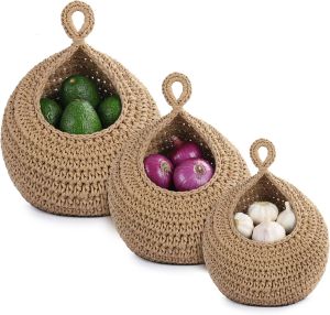 Bộ 3 giỏ đựng đồ treo tường phong cách Boho làm thủ công bằng dây cotton dùng để đựng trái cây và rau củ vật dụng trang trí treo tường cho nhà bếp lối vào phòng tắm và phòng ngủ.