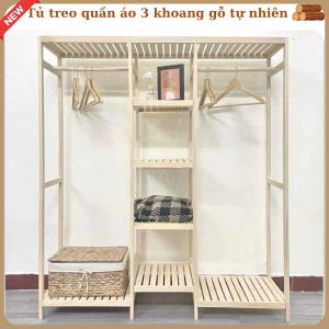 Kệ gỗ treo quần áo tủ treo quần áo đa năng 3 khoang gỗ tự nhiên KT D150 x R35 x C150