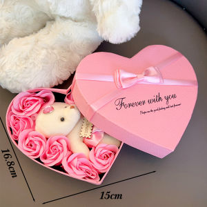 Valentines Day Soap Rose Gift Box Gift Little Bear Heart-Shaped Flower Gift Box for Mothers Day Wedding Birthday Party Decoration