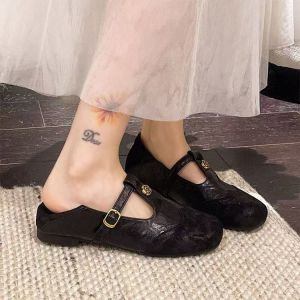 Free Shipping Retro T-Strap Shoes For Women 2026 Spring/Autumn New Collection Korean-Style Square-Toe Shallow-Mouth Flats Suitable For Office Wear And Commuting