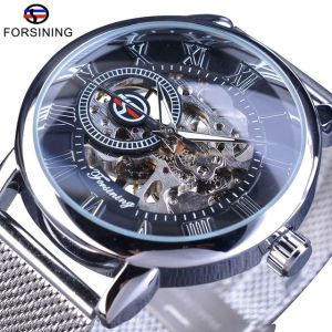 Original Forsining Mechanical Watch Blue Skull Mens Manual Winding Slim Mesh Steel Band Mens Casual Military Sports Watch. Mens Gifts
