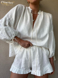 Casual Loose White Cotton 2 Piece Sets Women Outfit Elegant Lace-Up Puff Sleeve Shirt With High Waist Ruffle Shorts Set