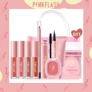 PINKFLASH (Buy 1 Take 1 bag) Full Makeup Set Oil control Foundation+ Waterproof Mascara + Eyeliner + Eyebrow Pencil + Blush + Matte Lipstick+ Lip Gloss (#Classic Red)