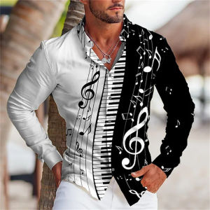 Graphic printing of mens shirts in summer 2026 Music button top long sleeve button shirt clothing design comfortable S-6XL