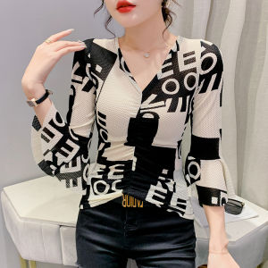 REHIN ผู้หญิงฤดูใบไม้ร่วงใหม่แฟชั่น V คอตัวอักษร Creative Ruffle แขนสั้นเสื้อยืด Slim Elegant เสื้อ