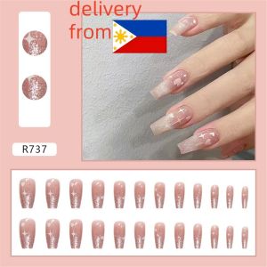 FenHuan 【Local Delivery】 24PCS NAIXIshort Wearing Nail Simple Jump Color Three-dimensional Flower Cartoon Cute Nail Gradient White Wearing Nail With Advanced Nail 【】
