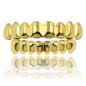 JOKTT Anti Slip Teeth Grillz Top Bottom Set Eco-friendly Copper Glossy Finish Teeth Grillz Caps Trendy Gold Teeth Jewelry Party