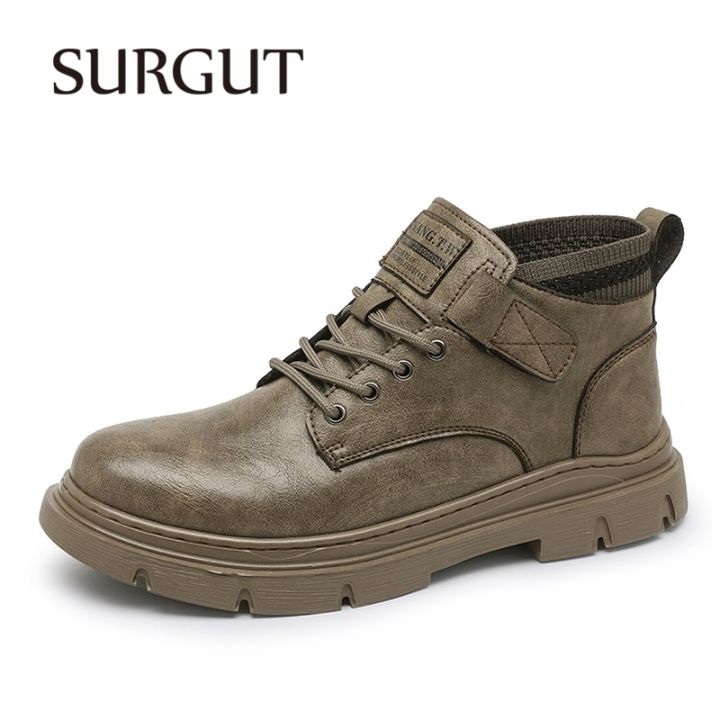 SURGUT Boots Men Leather Shoes Fashion Motorcycle Ankle Boots Autumn Winter  Waterproof Wear Resistant Working Boots Men