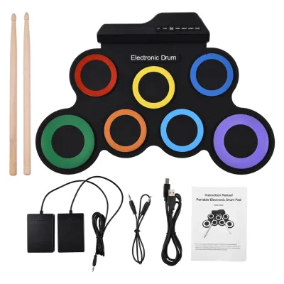 Pikdsg Electric Drum Set Portable Pad Kit 7 Pads with Headphone Jack Pedals Drumsticks Holiday Birthday Gift Musical IFast shipping