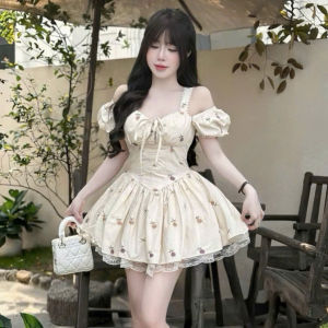 Đầm nàng thơ xinh đầm tiểu thư đi tiệc chất Mango ngắn tay búp trễ vai dây chiết eo buộc nơ có mút ngực & lót phối Ren đáng yêu