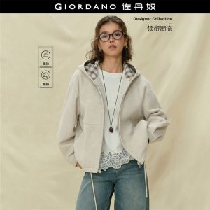 GIORDANO Women Jackets Woolen Plaid Lined Hooded Jackets Drawstring Hem Fashionable Casual Oversized Jackets 18375213