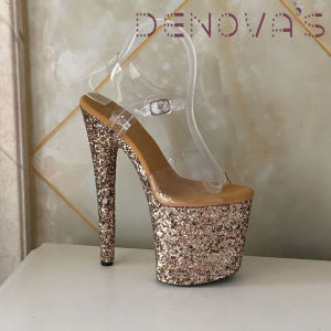 กลิตเตอร์สำหรับผู้หญิง Denova สำหรับเต้นเสาส้นสูงมากขนาดพิเศษรองเท้าสานรัดข้อเท้า