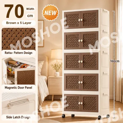 MOSHOE Foldable Cabinet Multi-Layer Storage Box Cabinet Plastic Wardrobe With Wheels for Clothes Toys Bedroom