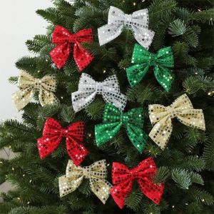 CUNXIN 4PCS Tinh tế Vật trang trí hình nơ Giáng sinh Tự làm Lấp lánh với những hạt sequin. Vòng hoa Giáng sinh Sáng tạo Cổ điển Nơ trang trí quà tặng Cây thông Noel