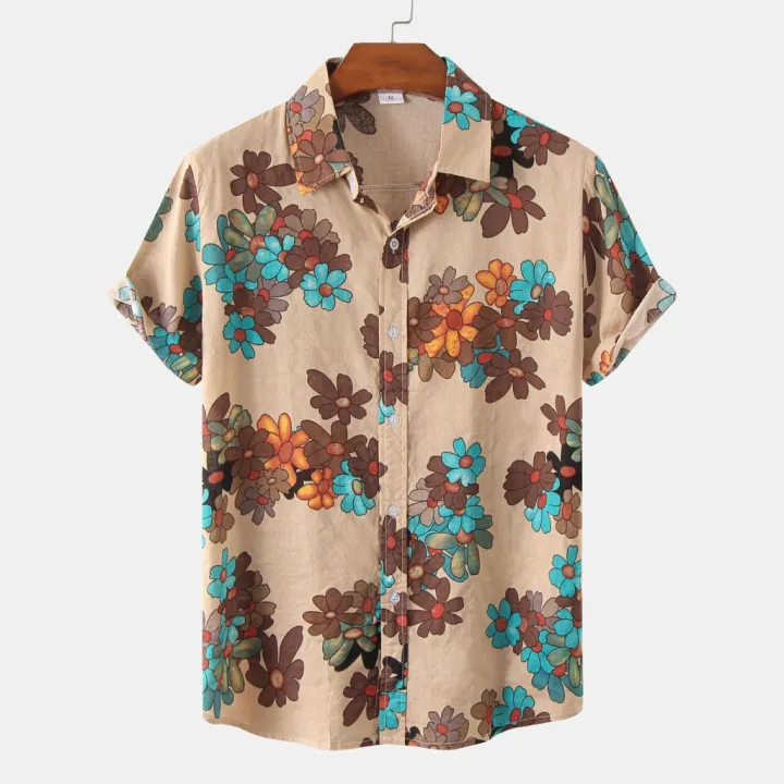 Men s Boho Cotton Loose Causal Plus Size Brown Short Sleeve Lapel Button Floral Shirt Summer Beach Hawaiian Polo Shirt Lazada PH