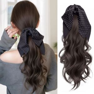 OMQAIO Tổng hợp Bộ tóc giả đuôi ngựa nơ bướm chấm bi tiếng Hàn Kẹp móng Phụ kiện tóc đuôi ngựa Ngọt ngào Tự nhiên Bím tóc đuôi ngựa dài xoăn sóng Quý cô