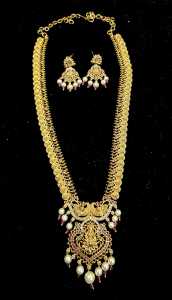 Gold Coin Peacock Haram Necklace and Earrings Set with Pearls
