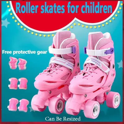 【Free Protectibe Gear】Double Row Adjustable Roller Skates Skates for Beginners 4 Wheels Roller Skates 10 Years Old Roller Shoes Roller Blades With Protective Gear Rolling Skates Shoes