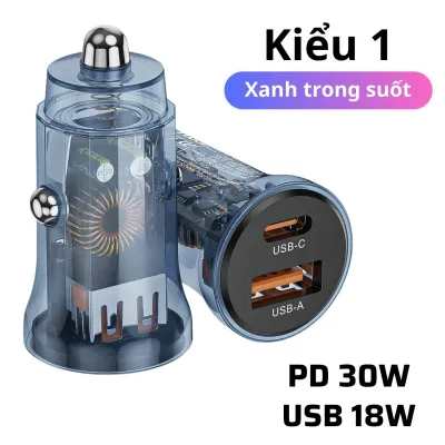 Tẩu Sạc Nhanh Ô tô xe hơi 120W trong suốt 12V 24V tẩu cắm xe oto type c usb 2 cổng kép