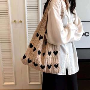 OVERSHOP  Knitted tote bag with heart pattern Women Knitting Shoulder Bag Love Heart Pattern Large Capacity Tote Fashion Beach Bag Handbag