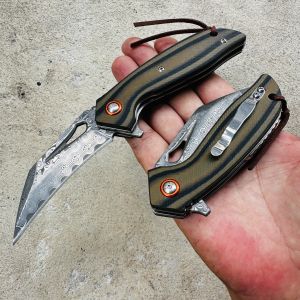 มีดพับดามัสกัสพรีเมียม ด้ามจับG10 ระบบเปิดฟลิปเปอร์ สำหรับกิจกรรมกุญแจในป่าและแคมปิ้ง