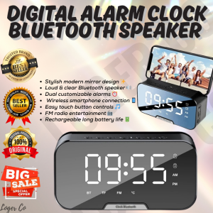 Best S eller 2 IN 1 MIRROR LED ALARM CLOCK SPEACKER | Rechargeable Bluetooth Soundbar Speacker with FM Radio & Temperature | Loud Subwoofer Clock with Dual Alarms FM Radio & Retractable Phone Holder Stand | Heavy Duty Mirror Surface Subwoofer Speaker