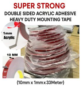 MM 1mm Thickness SUPER STRONG DOUBLE SIDED ACRYLIC ADHESIVE HEAVY DUTY MOUNTING TAPE (10mm x 1mm x 33Meter)