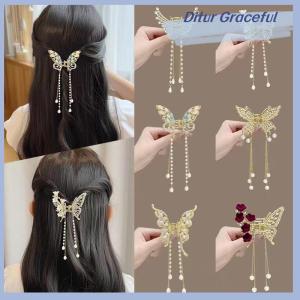 Ditur Exquisite Rhinestone Butterfly Fringe Hair Claw Clips Korean New Ponytail Braid Hairpin Girl Crab Metal Headdress Gift