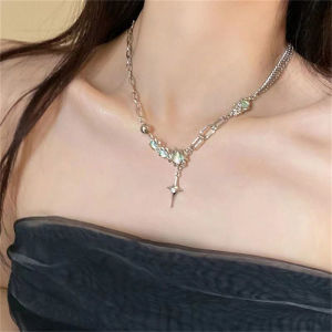 Hmeme Trendy Bling Moonstone Star Cross Pendant Necklace For Women Punk Hip Hop Necklace Party Y2K Jewelry Gift