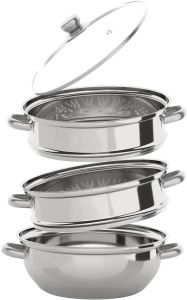 3 Tier Multipurpose Stainless Steel Steaming Pot Cookware Food Cooking Pan Cooker Steam Pot Food Cooking + Glass Lid For Vegetable Dumpling Sauce Encrypted Steaming Holes