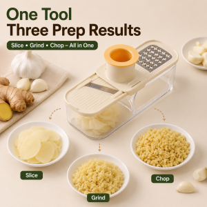 3in1Garlic Ginger Grinder Slicer Chopper with Container Manual Kitchen Tool Stainless Steel Blades