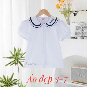 Áo sơ mi trắng cổ sen tay phồng viền họa tiết nữ học sinh đồng phục học sinh bé gái cấp 1 tiểu học